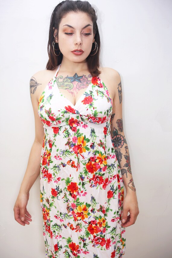 1980s Vintage - White & Floral Halter Dress - image 4