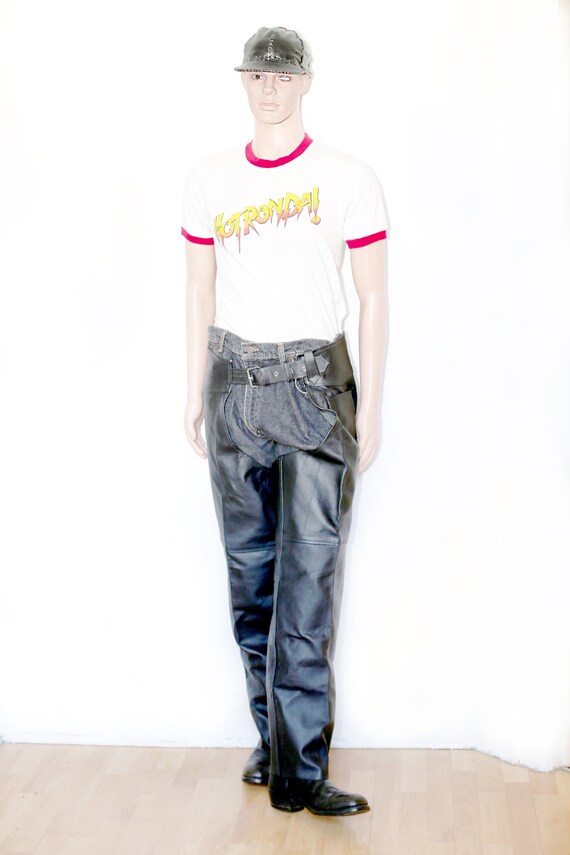 1990s Vintage - Black Leather Motorcycle Chaps
