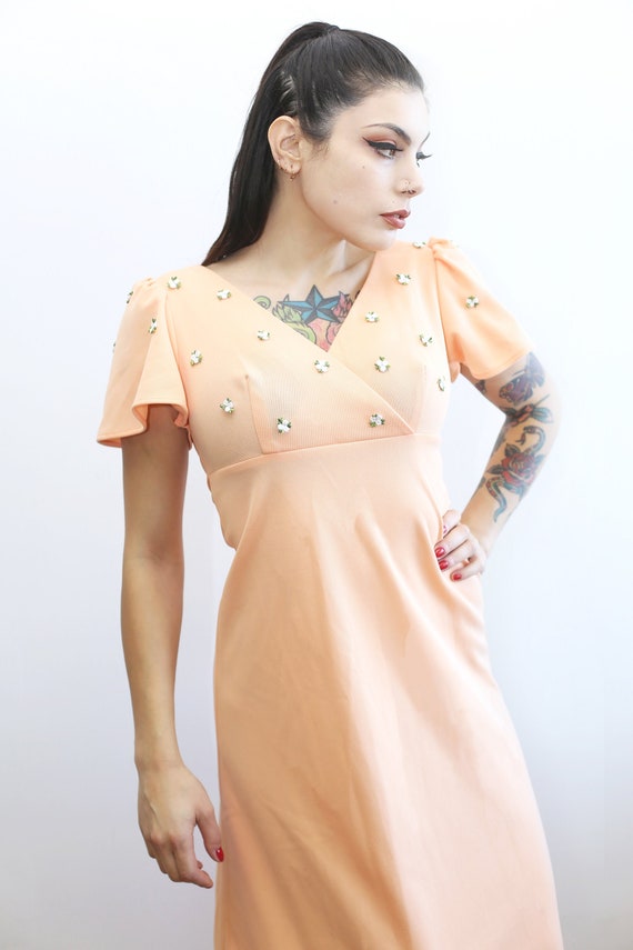 1970s Vintage - Floor Length Peach Flower Dress
