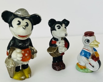 Vintage Walt Disney Bisque Mickey and Minnie Mouse, Ceramic Donald Duck figurines, 1930s, Made in Japan