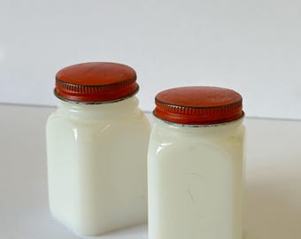 Vintage Milk Glass jars with Red Lids, red and white spice jars, milk glass spice jars