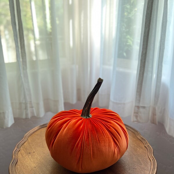 10 INCH DARK ORANGE VELVET STUFFED PUMPKIN W/TWISTED GOLD STEM main image 0