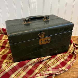 May include: A dark green, faux crocodile-skin box with a handle and brass-colored hardware. The box has a rectangular shape and a clasp closure. The box is sitting on a red and yellow plaid fabric.