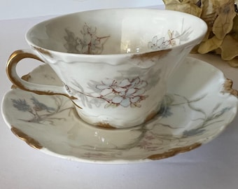 Vintage Haviland Limoges Teacup & Saucer Mismatched Set, Meyberg Bros Los Angeles, Schleiger 70A Floral, French Porcelain