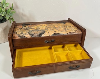 Vintage Wooden Valet Box | Men’s Dresser Organizer | World Map Decoupage Jewelry Box | Mid Century Valet Chest | Desk Storage Box