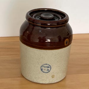 Vintage Small Stoneware mustard pot with Lid – Rustic Brown & Beige Glaze