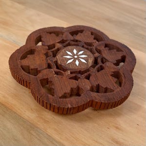 Hand-Carved Wooden Trivet with Inlay & Ball Feet | Decorative Floral Design