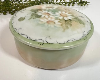 Vintage Hand Painted Porcelain Trinket Box – Signed Round Floral Box