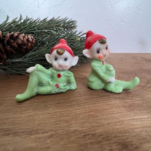Vintage Japan Christmas Elf Figurines, Pair of Pixie Elves, Mid Century Holiday Decor, Ceramic Elf Set, Cute Christmas Collectibles