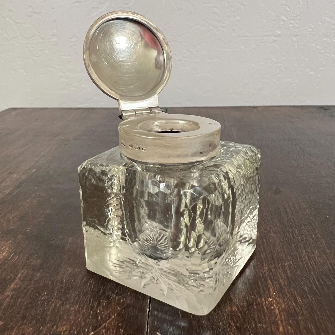 Crystal Ink Pot Antique Cut Crystal Inkwell With Sterling Silver Lid | English ...