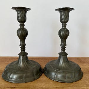 Antique European Rococo Style Pewter Candlestick Holders – Pair – Winged Sword Mark – 6 3/8” Tall
