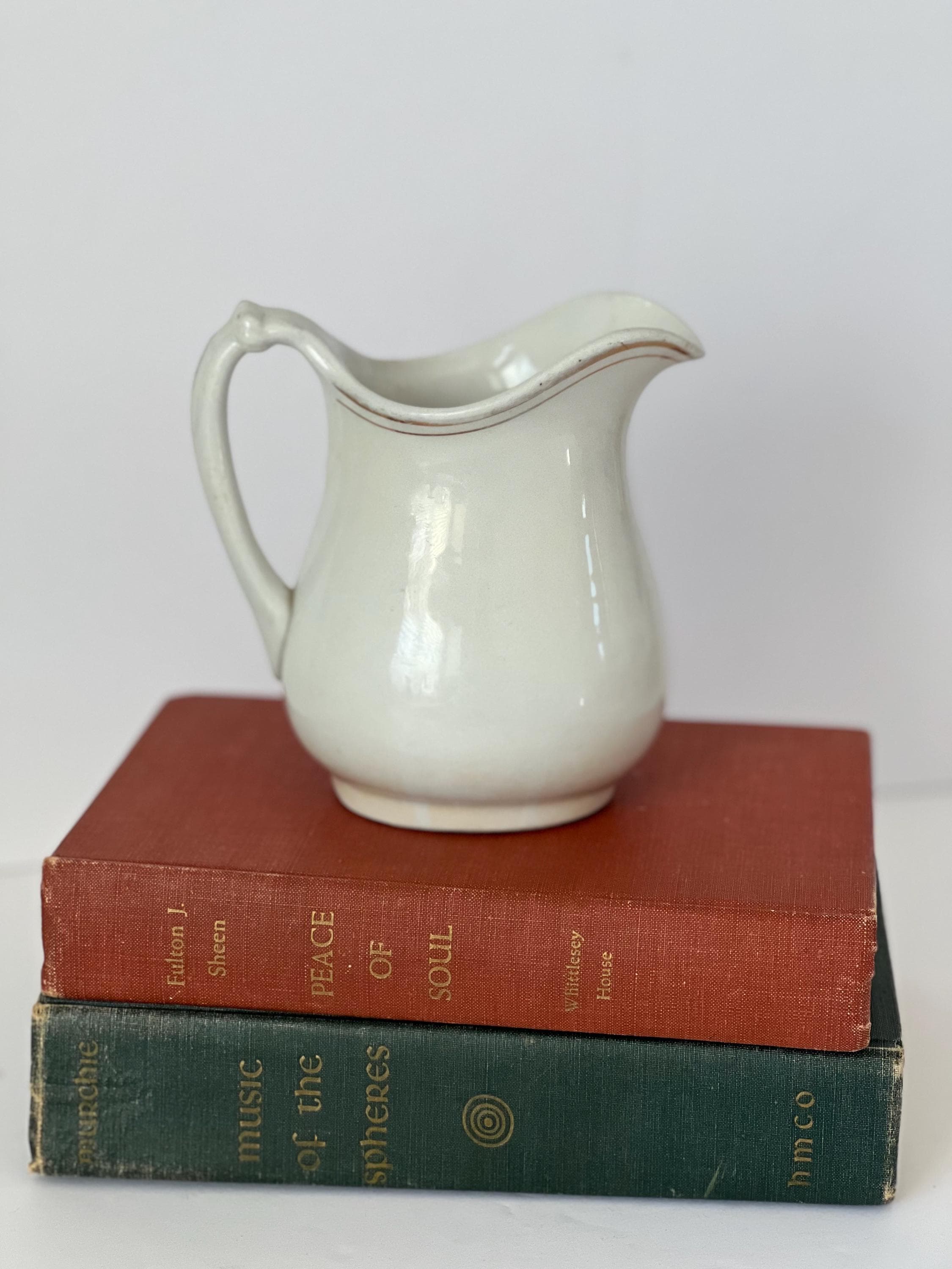 Antique Homer Laughlin Cable Line Ironstone White Pitcher with gold trim accents