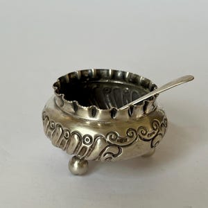 Sterling Silver Salt Cellar with Spoon | Ornate Footed Salt Dish | Antique Silver Tableware | Collectible Dining Decor