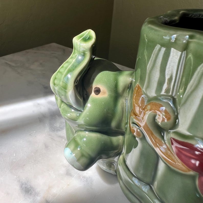 Vintage Green Majolica Style Elephant Planter, Lucky Trunk up Elephant ...