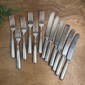 May include: A set of five silver-toned forks and five silver-toned knives arranged in two rows. Each piece of cutlery features a smooth, rounded handle and a polished metal finish. The forks have four tines, while the knives have flat blades.