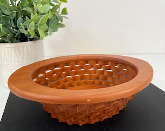 Vintage Handcrafted Scroll Saw Wood Bowl – Decorative Wooden Basket, Rustic Home Decor, 9.5”
