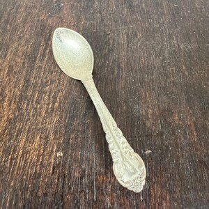 May include: A silver spoon with an ornate handle, resting on a dark wooden surface. The spoon's bowl is oval-shaped, and the handle features a detailed floral design. The spoon is likely vintage or antique.