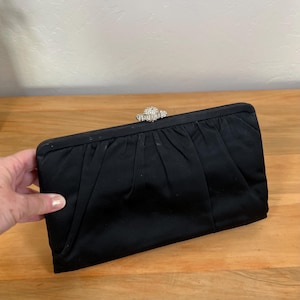 Vintage Lewis Black Evening Clutch with Rhinestone Clasp | Elegant Satin Purse | Crown Logo Interior