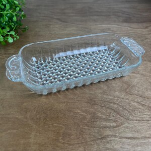Vintage Anchor Hocking Hobnail Glass Tray, Clear Rectangular Serving Dish, Small Relish Tray with Decorative Handles