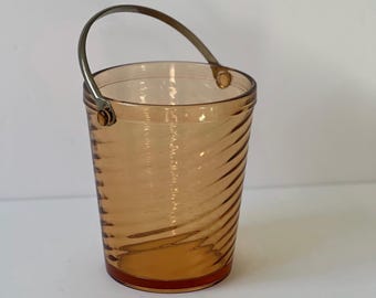 Vintage Fostoria Amber Glass Ice Bucket with Metal handle, Swirl pattern ice bucket, mid century  glass ice bucket