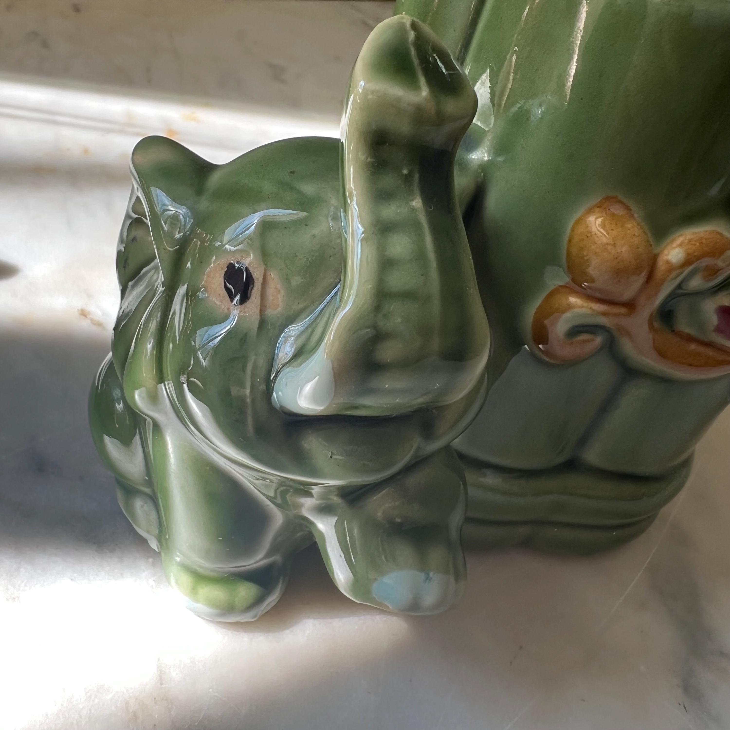 Vintage Green Majolica Style Elephant Planter, Lucky Trunk up Elephant ...