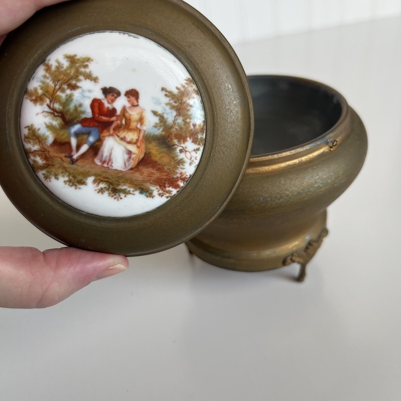 Powder Music Box Victorian Footed Metal Powder Music Box, Painted Tin Antique Vanity ...