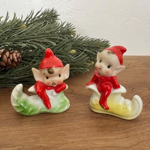Vintage Japan Christmas Elf Figurines, Pair of Pixie Elves in boots, Mid Century Holiday Decor, Ceramic Christmas Elf Set