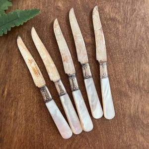 Antique Set of 5 Universal L.F.&C. Fruit Knives, Mother of Pearl Handles, Sterling Silver Bands, Victorian Dessert Knives