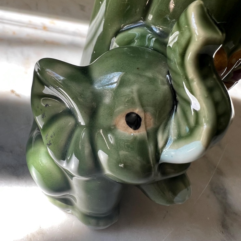 Vintage Green Majolica Style Elephant Planter, Lucky Trunk up Elephant ...
