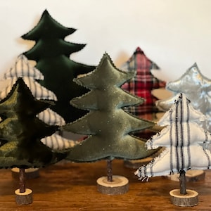 Farmhouse Christmas Trees, rustic trees, French stripe, Plaid, Flannel, fabric Christmas trees, primitive