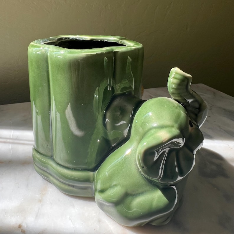 Vintage Green Majolica Style Elephant Planter, Lucky Trunk up Elephant ...