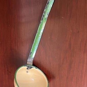 Vintage Enamelware Ladle, Green and Cream, primitive, farmhouse, rustic
