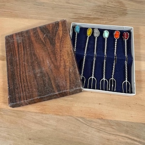 Vintage Set of 6 Cocktail Forks in Original Box – Twisted Metal Stems with Semi-Precious Stone Handles – Mid-Century Barware – Hostess Gift
