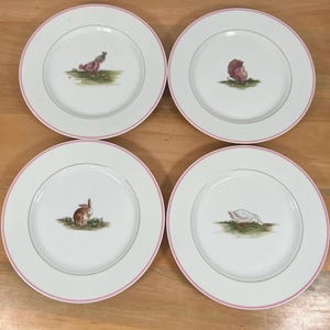 May include: Set of four white ceramic plates with pink rims. Each plate features a different animal illustration: a rooster, turkey, rabbit, and a swan. The illustrations are set on a patch of green grass.