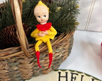 Vintage Pixie Elf Figurine | Retro Christmas Elf Decoration | 1950s Knee Hugger Elf (Green or Yellow)