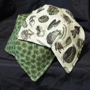 Puede incluir: Dos salvamanteles de tela para cuencos. Uno es verde con un estampado floral. El otro es blanco roto con un estampado de verduras en blanco y negro. Estos salvamanteles están diseñados para mantener los cuencos calientes o fríos.