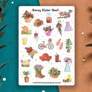 Feuille d'autocollants Breezy, autocollants de planificateur de printemps, autocollants de journal, autocollants de scrapbooking, autocollants de printemps, autocollants floraux, autocollants d'été