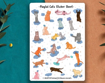 Speels kattenstickervel, plannerstickers, dagboekstickers, kattenstickers, huisdierenstickers, dierenstickers, pastelstickers, kattenliefhebber
