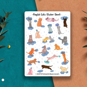 Hoja de pegatinas de gatos juguetones, pegatinas de planificador, pegatinas de diario, pegatinas de gatos, pegatinas de mascotas, pegatinas de animales, pegatinas Pastel, amante de los gatos