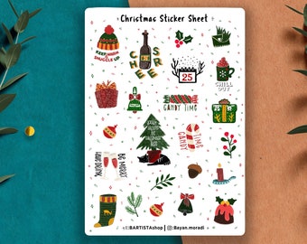 Hoja de pegatinas de Navidad, planificador de Navidad, pegatinas de planificador, pegatinas de diario, álbumes de recortes, pegatinas festivas, invierno, estética de invierno