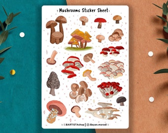 May include: A sheet of mushroom stickers with a variety of different types of mushrooms, including red and white mushrooms, brown mushrooms, and white mushrooms with brown spots. The stickers are on a white background with a pink and white glitter pattern. The text "Mushroom Sticker Sheet" is at the top of the sheet. The text "@BARTISTAshop | @bayan.moradi" is at the bottom of the sheet.