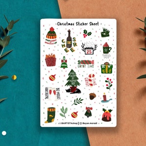 Folha de adesivos de Natal, planejador de Natal, adesivos de planejador, adesivos de diário, scrapbooking, adesivos festivos, inverno, estética de inverno