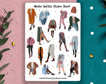 May include: A sticker sheet with 16 different winter outfit illustrations. The outfits are a mix of coats, sweaters, jeans, and hats. The sticker sheet is white with a black border and the text "Winter Outfits Sticker Sheet" at the top.