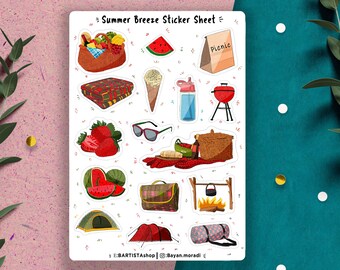 Summer sticker sheet, planner stickers, journal stickers, picnic stickers, camping stickers, spring stickers, summer, Travel, adventure