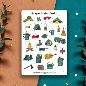 Hoja de pegatinas de camping, pegatinas de aventura, pegatinas de planificador, pegatinas de diario, pegatinas de verano, pegatinas al aire libre, camping, viajes, aventura