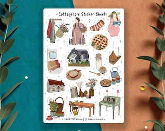 Klistermärkesark med stugkärna, planeringsklistermärken, scrapbookingklistermärken, dagboksklistermärken, naturklistermärken, landsbygd, estetiska mysiga klistermärken