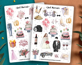 Just Married Sticker sheet , Wedding Stickers, Planner Stickers , wedding journal , Wedding Planning Stickers , Wedding Check List, love