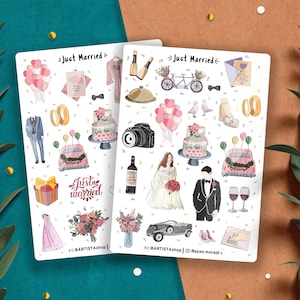 Feuille d'autocollants Just Married, autocollants de mariage, autocollants de planificateur, journal de mariage, autocollants de planification de mariage, liste de contrôle de mariage, amour