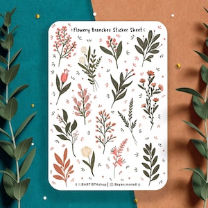 Feuille d'autocollants de branches fleuries, autocollants de journal de printemps, autocollants de planificateur, autocollants de scrapbooking, autocollants de nature, autocollants floraux