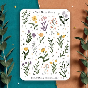 Feuille d'autocollants floraux, autocollants de journal de printemps, autocollants de planificateur, autocollants d'album, autocollants de nature, verdure d'autocollant floral, feuille